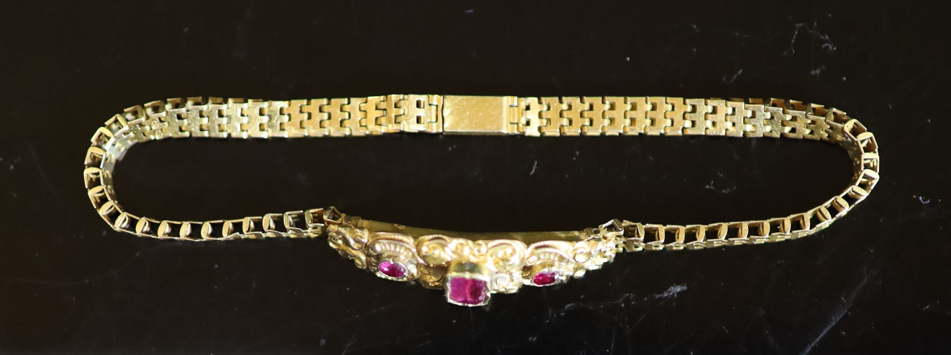 A 19th century French gold and three stone gem set bracelet